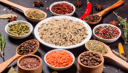 A set of spices and herbs. Indian cuisine. Pepper, salt, paprika, basil and other on a dark background