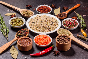 A set of spices and herbs. Indian cuisine. Pepper, salt, paprika, basil and other on a dark background