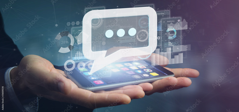 Poster view of a businessman holding a message icon with data in background - 3d rendering