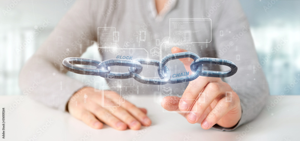 Poster businessman holding a virtual blockcahin with data - 3d rendering
