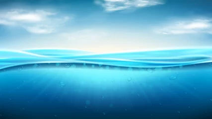 Poster Sea landscape with realistic waves. Vector illustration. Realistic marine scene with underwater sunbeams. Banner with horizontal ocean water surface and clouds. © Yaran