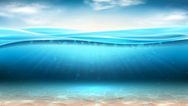 Realistic sea landscape with waves. Vector illustration. Realistic marine scene with sunbeams and sea bottom. Banner with horizontal ocean water surface and clouds.