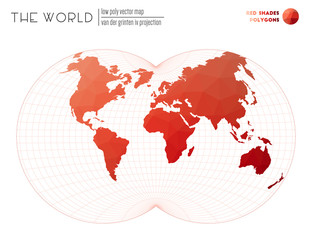 World map with vibrant triangles. Van der Grinten IV projection of the world. Red Shades colored polygons. Energetic vector illustration.