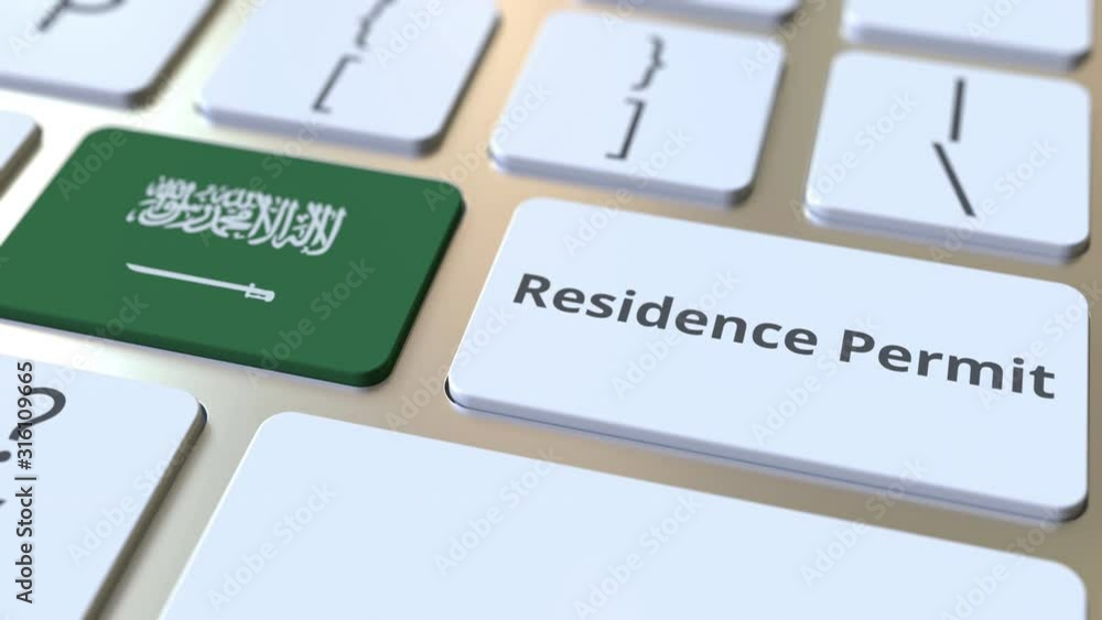 Aufkleber residence permit text and flag of saudi arabia on the buttons on the computer keyboard. immigration 