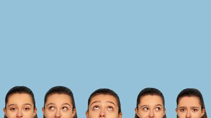 Uncertain, dreamful, happy, upset - collage of emotions. Caucasian teen girl's on blue background. Beautiful model in casual wear. Concept of facial expression, sales, ad. Copyspace. Flyer, flysheet.
