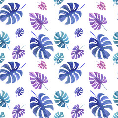 Seamless pattern with monstera leaves with white background. Watercolor Botanical background. Blank for wrapping paper, postcards, design and decoration. Isolate.