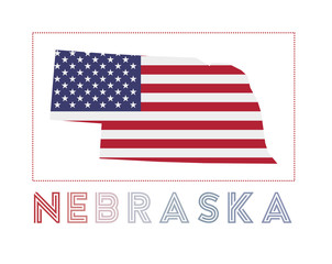 Fototapeta premium Nebraska Logo. Map of Nebraska with US state name and flag. Trendy vector illustration.
