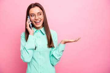 Photo of pretty lady holding telephone speaking with boyfriend listening compliments flirty mood...