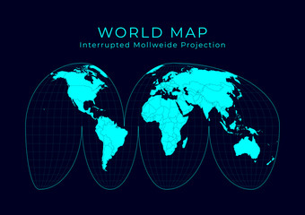 Map of The World. Goode's interrupted Mollweide projection. Futuristic Infographic world illustration. Bright cyan colors on dark background. Classy vector illustration.