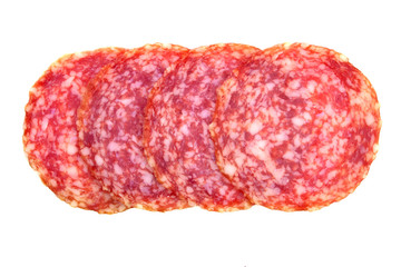 Salami sausage slices isolated on white background