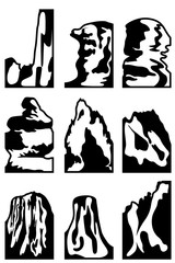 Set of nine illustrations of mountains and rocks. Icons for tourist booklets, posters, etc.
