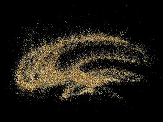Abstract sand cloud and Golden sand explosion isolated on black background. Pile sand beach isolated on black background. Sand dunes isolated on black background.