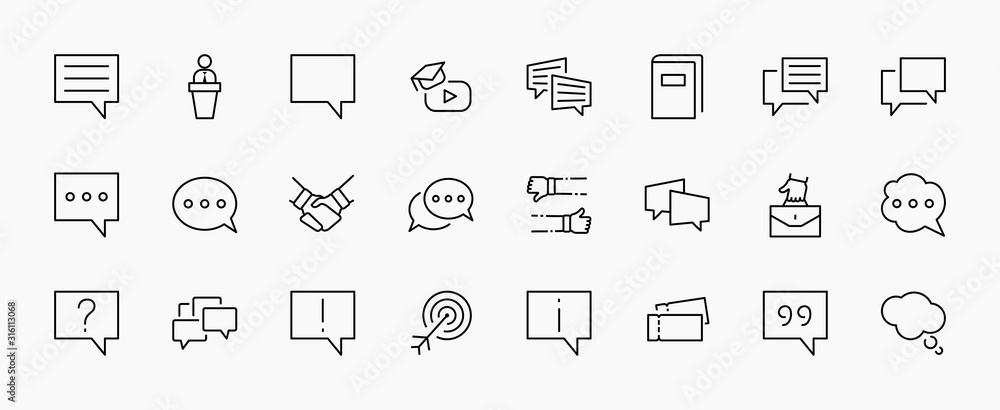 Poster set of speech bubble chat vector lines of icons. editable stroke. 32x32 pixels.