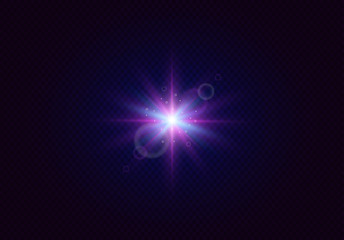 Glowing lens flares. Flash with colorful twinkle effect. Realistic light with rays. Vector illustration.