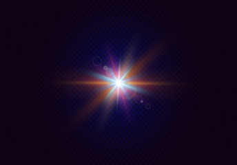 Glowing lens flares. Flash with colorful twinkle effect. Realistic light with rays. Vector illustration.