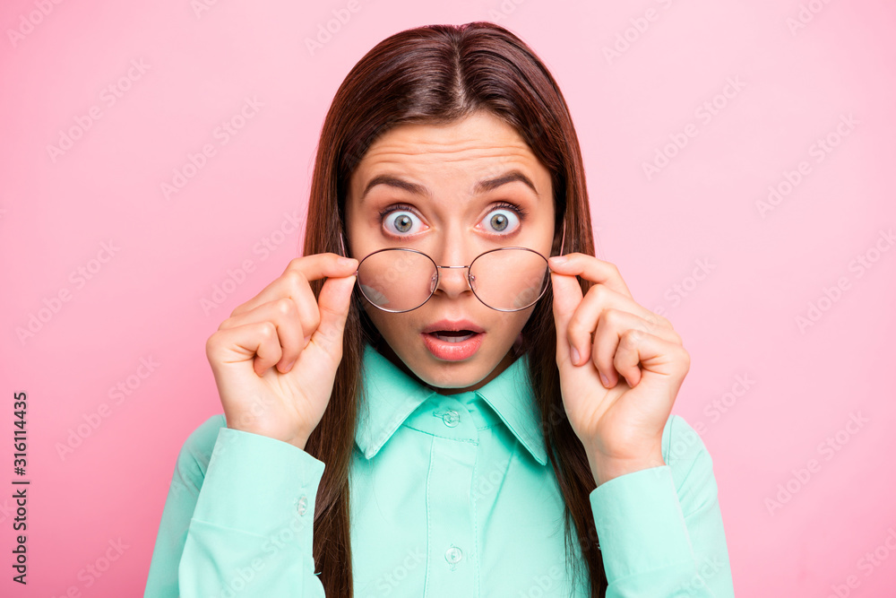 Sticker Oh no. Closeup photo of charming lady not believe eyes taking off glasses got in big trouble wear specs teal shirt with collar isolated pink color background