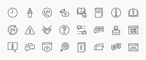 Set of Help And Support Vector Line Icons. Contains such Icons as Handbook, Book, Online Help, Tech Support and more. Editable Stroke. 32x32 Pixels