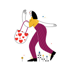 Happy woman with a bag full of Valentines. Vector illustration in flat line style. - 316114450