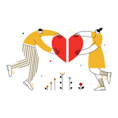 Man and woman connect the halves of the heart. Couple in love concept. Vector illustration in flat line style. - 316114452