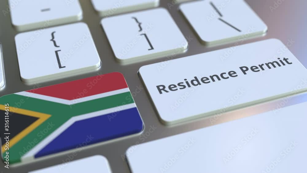 Poster residence permit text and flag of south africa on the buttons on the computer keyboard. immigration 