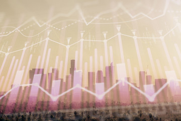 Forex chart on cityscape with skyscrapers wallpaper double exposure. Financial research concept.