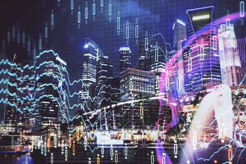 Financial chart on city scape with tall buildings background multi exposure. Analysis concept.