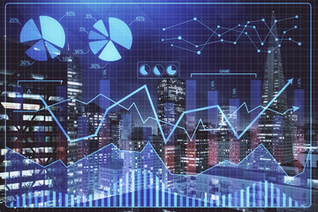 Financial graph on night city scape with tall buildings background multi exposure. Analysis concept.