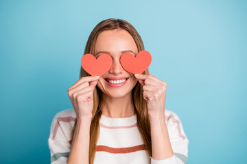Close up photo of charming pretty sweet cute nice girlfriend covering her eyes with gifted postcards hearts smile toothy isolated pastel blue color background