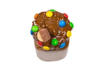 Chocolate milkshake with whipped cream, cookies, waffles, served in glass mason jar. 