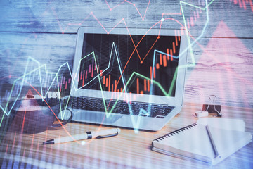 Multi exposure of forex chart and work space with computer. Concept of international online trading.