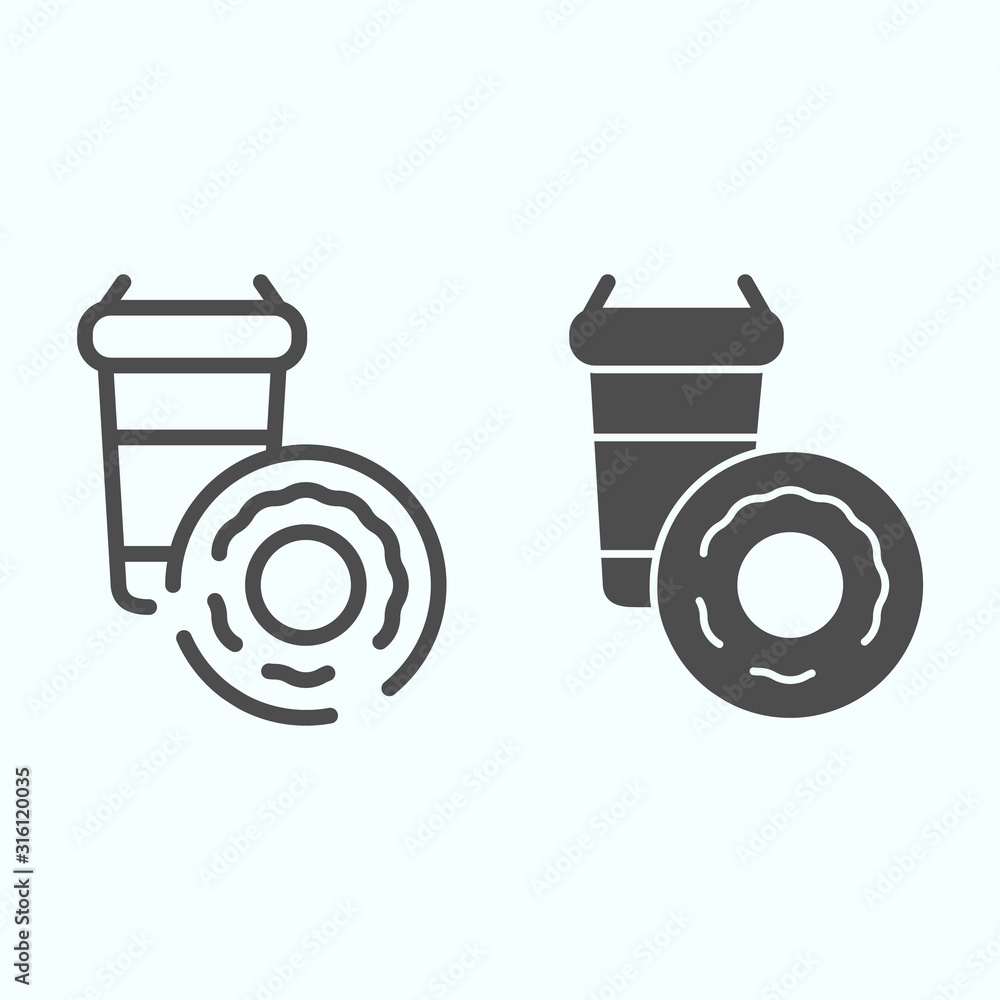 Poster drink cup and donut line and solid icon. cocoa with donut vector illustration isolated on white. hot
