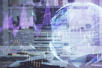 Multi exposure of forex chart and work space with computer. Concept of international online trading.