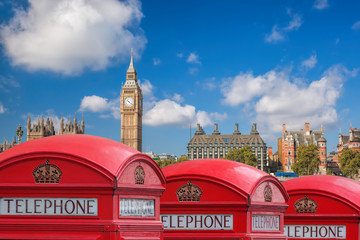Fototapeta premium London symbols with BIG BEN and Red Phone Booths in England, UK