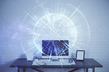 Multi exposure of business theme icons and work space with computer background. Concept of success.