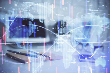 Multi exposure of business theme icons and work space with computer background. Concept of success.