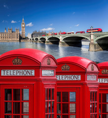 Fototapeta premium London symbols with BIG BEN, DOUBLE DECKER BUSES and Red Phone Booths in England, UK