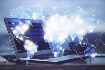 Naklejka premium Multi exposure of business theme icons and work space with computer background. Concept of success.