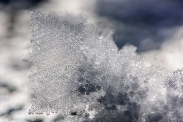 Frost Crystals on Frozen Lake’s Surface.  Real frozen ice crystals in different formations, winter background.
