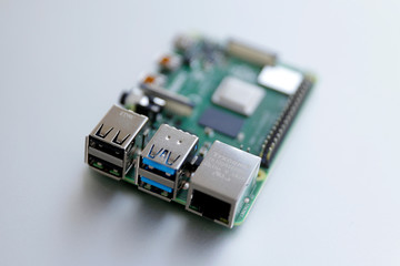RJ45 and USB ports closeup on Raspberry Pi 4 board. The Raspberry Pi is a credit-card-sized...