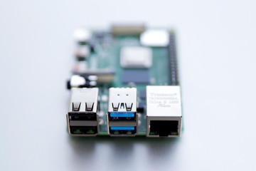 RJ45 and USB ports closeup on Raspberry Pi 4 board. The Raspberry Pi is a credit-card-sized...