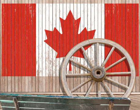 fond vintage avec roue, banc et drapeau canadien 