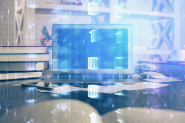 Technology theme drawing and work space with computer. Double exposure. Concept of innovation.