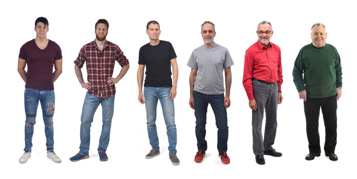 group of men aged twenty to eighty on white background