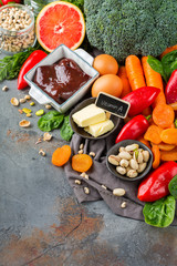Assortment of diet food ingredients rich in vitamin a