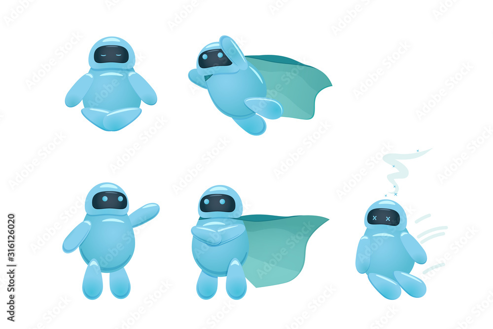 Poster funny robot characters collection. comic ai bot set.