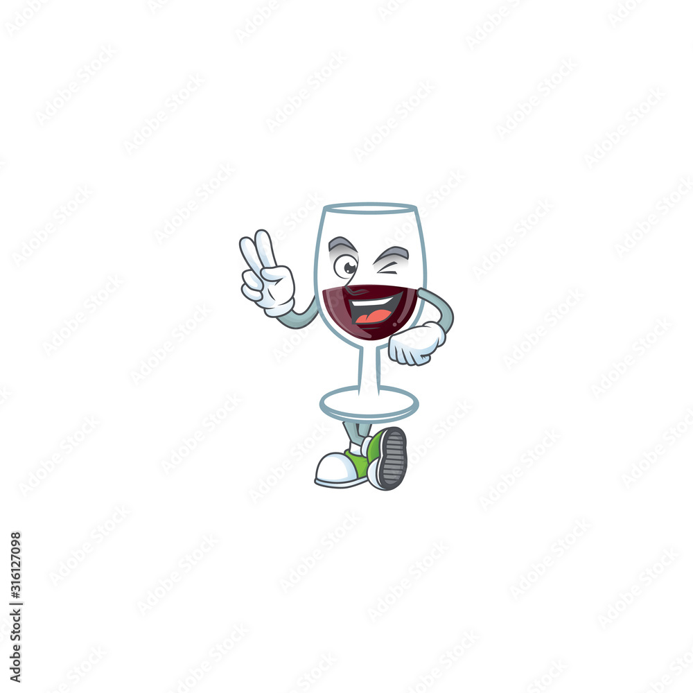 Poster cartoon mascot design of red glass of wine with two fingers