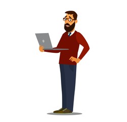 Business man and laptop. Working at the computer. Vector illustration