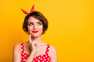 Closeup photo of pretty lady hold finger on chin look side empty space minded creative person wear...