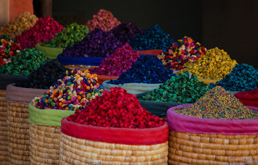 Colorful Moroccan spices. A shop in Marrakech. Morocco.
