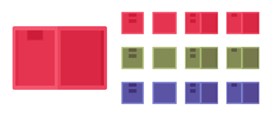 Box storage bright cube set, bin with a lid. Organizer pack, space saving container baskets for practical home, office. Vector flat style cartoon illustration, white background, different colors, view